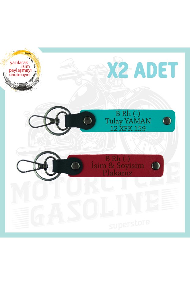 Red-Dark Turquoise, Motorcyclist Style Special, 2-Piece Keychain with Nameplate and B Rh (-) Blood Type Lettering