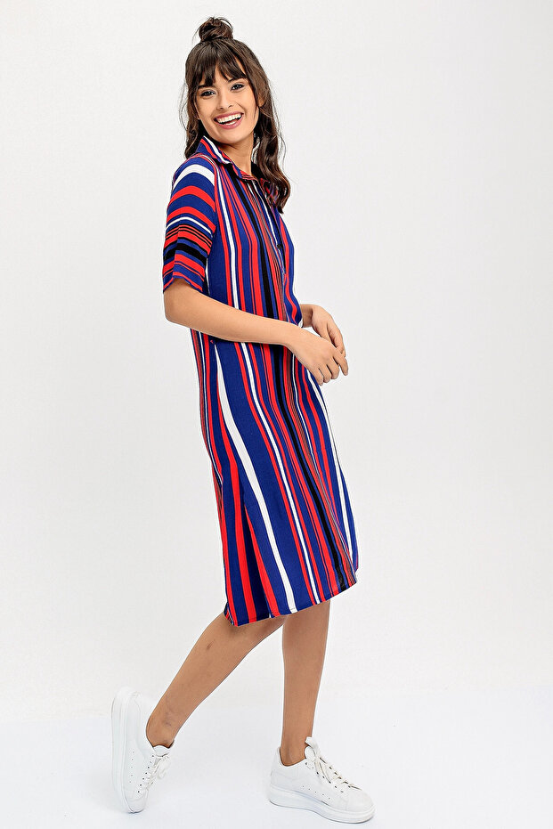 Navy Blue Red Self-Made Belt Piece with Slit Shirt Dress on the Side