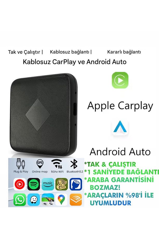 Tak Çalıştır Kablosuz Apple & Android Auto Mini Usb Adaptörü Taşınabilir Bluetooth Wifi - 1