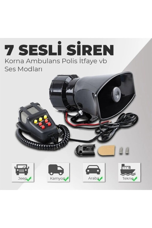 7 Sesli Siren 100 Watt Güçlü Ses Mikrofonlu 12 Volt - 1