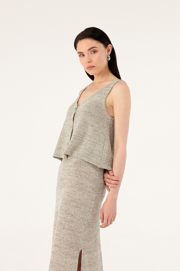 Düğmeli Kolsuz Triko Bluz - 1