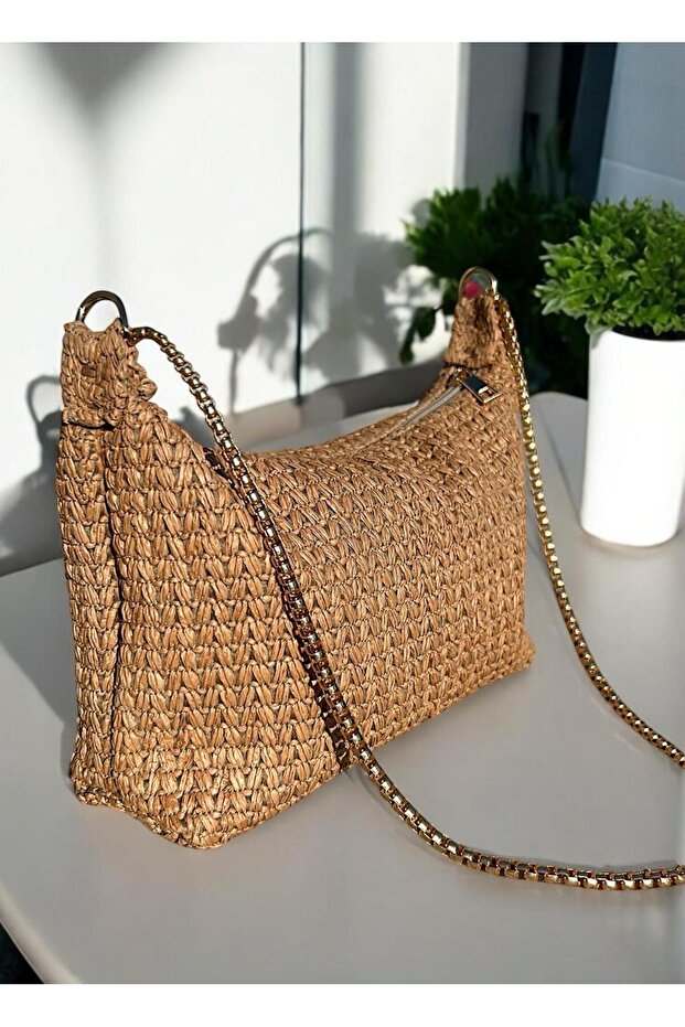Women's Zigzag Knitted Straw Gold Chain Hand and Shoulder Bag