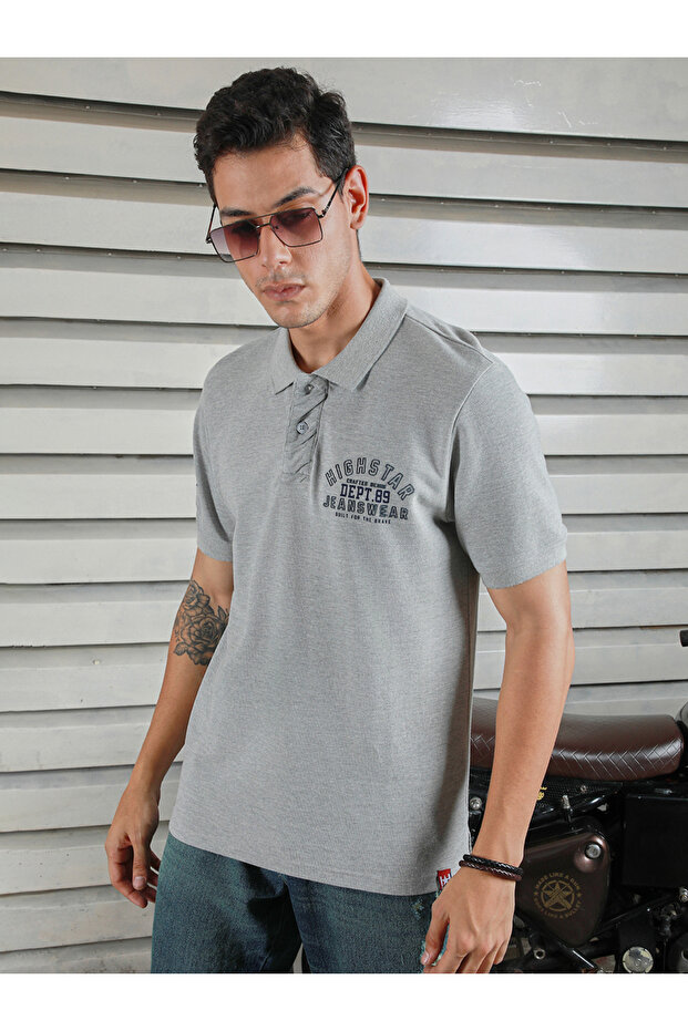 Slogan Print Regular Fit Polo Neck T-Shirt