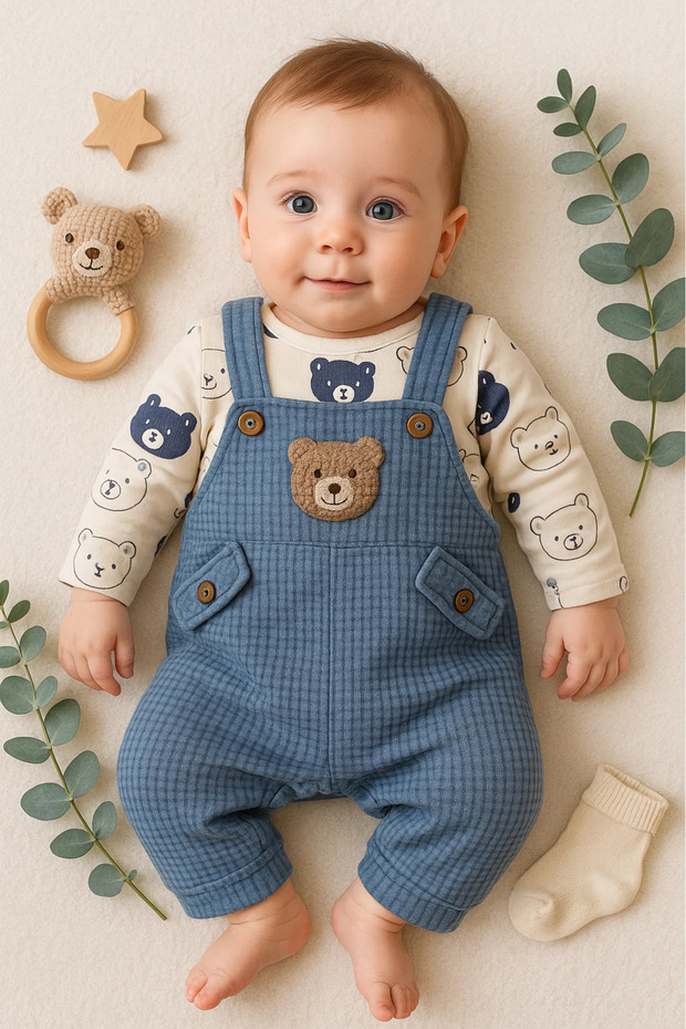Nafitto Waffle Fabric Baby Jumpsuit with Salopette and Teddy Bear Embroidered Badge