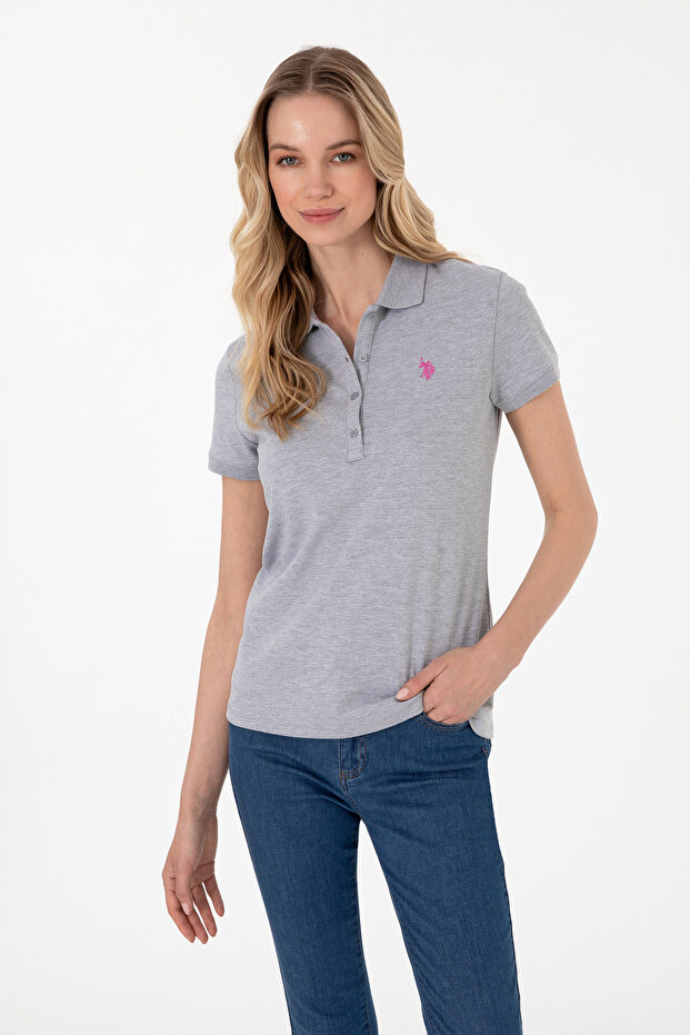 Women's Gray Melange Basic Polo Neck T-Shirt 50300830-Vr086