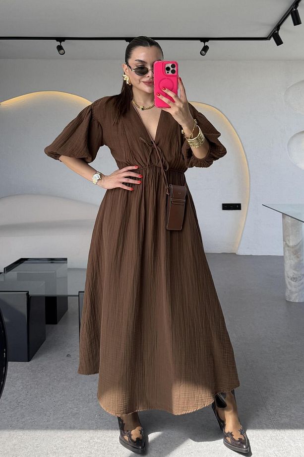 Leydia Acı Kahve Müslin Elbise - 1