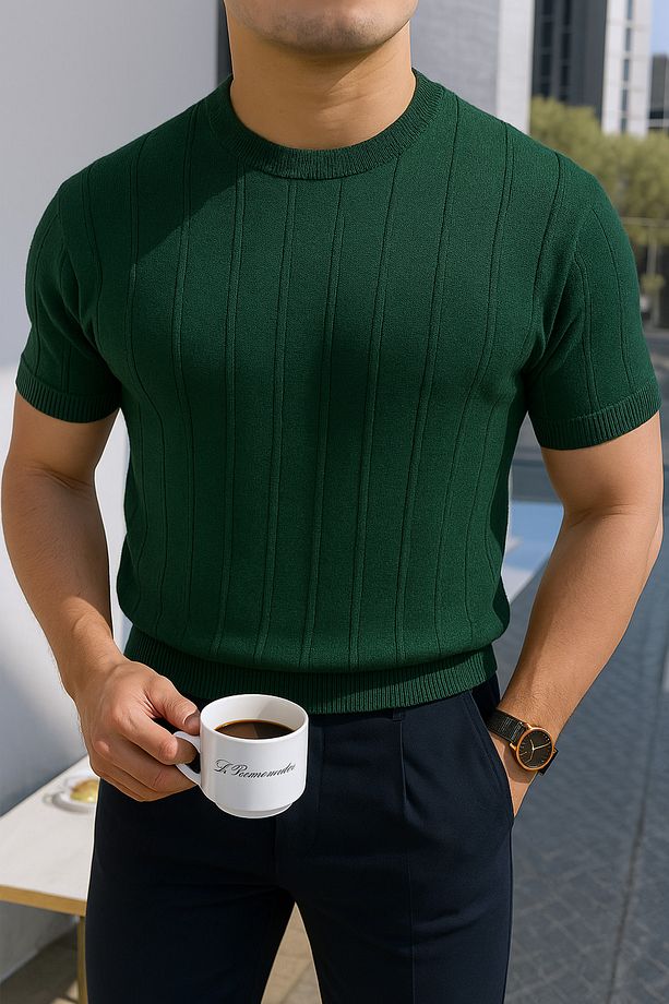 Zümrüt Yeşil Örme Triko Tshirt - 1