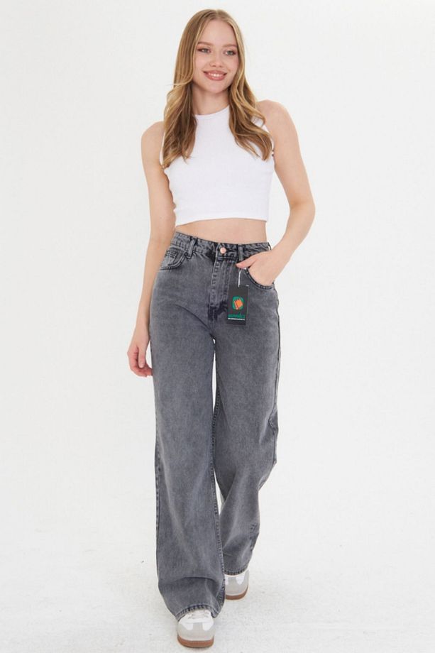 Kadın Açık Gri Boru Paça Yüksek Bel Regular Fit Pantolon - 2