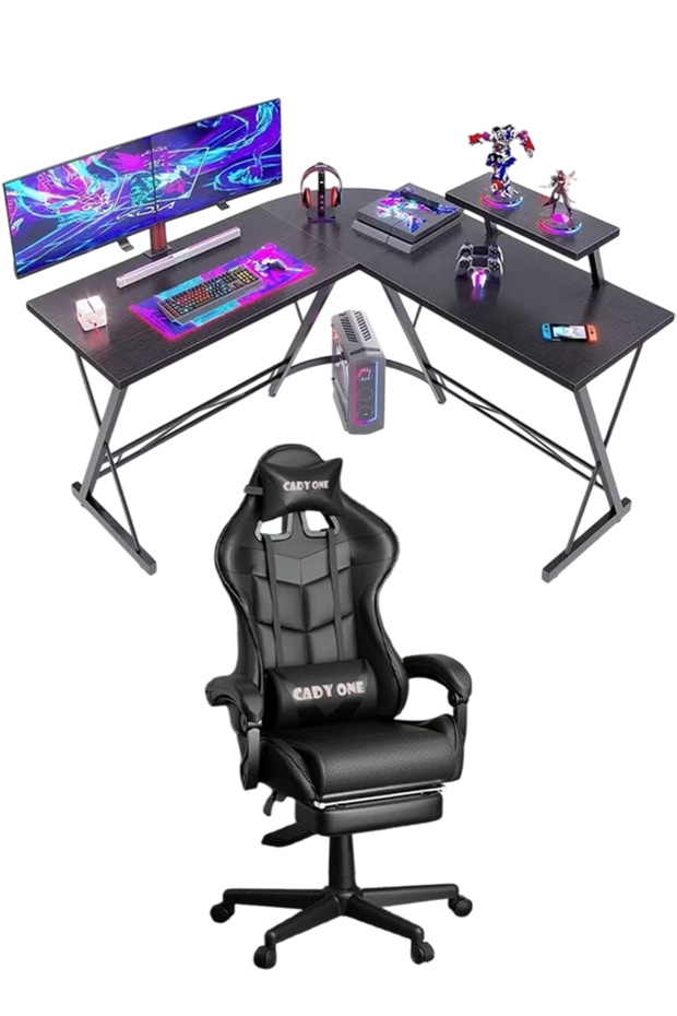 2 in 1 Adjustable Gaming Chair with Cushion, Headrest, Desk and Computer Table L Shaped - 1