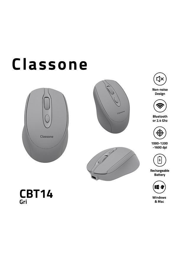 CBT14 Bluetooth + 2.4 Ghz Şarj Edilebilir Kablosuz Mouse - Gri - 1