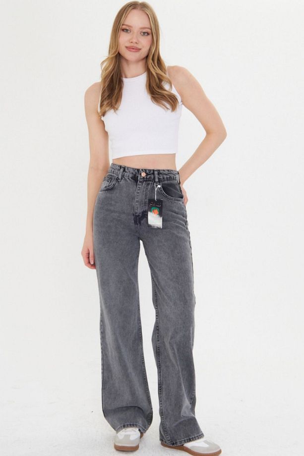 Kadın Açık Gri Boru Paça Yüksek Bel Regular Fit Pantolon - 1