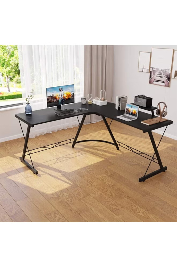 2 in 1 Adjustable Gaming Chair with Cushion, Headrest, Desk and Computer Table L Shaped - 2