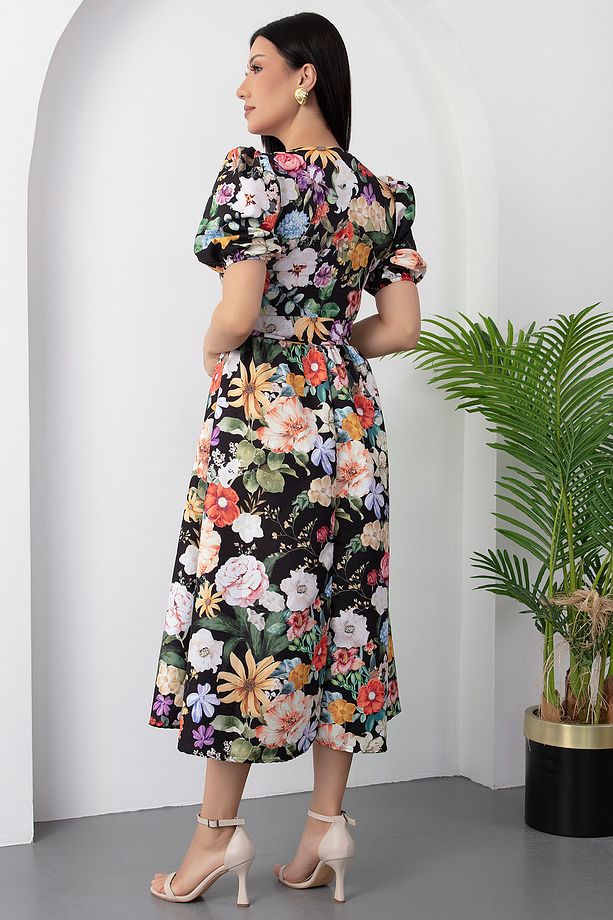 Bebe Yaka Kemerli Çiçekli Poplin Elbise GRS3467 - 8