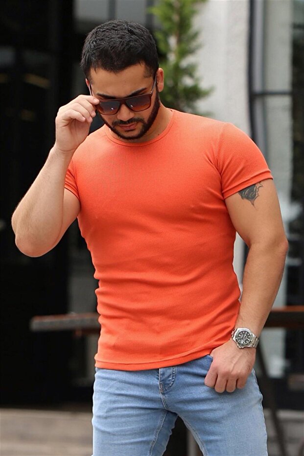 Bisiklet Yaka Turuncu Basic Tişört 4077 - 4