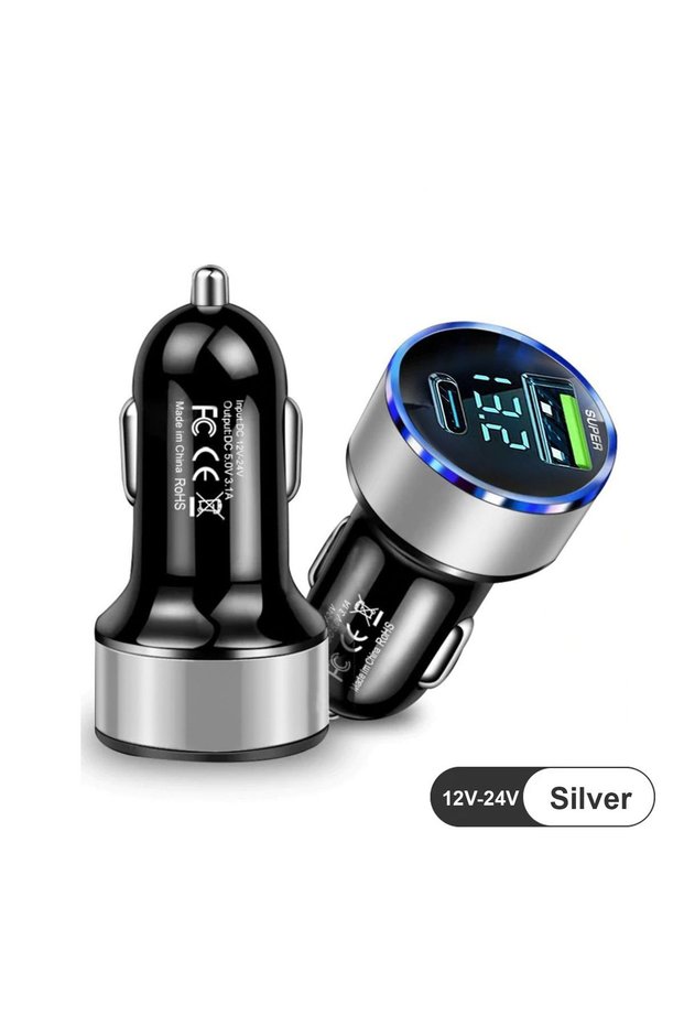 Silver In-Car USB 3.0 Type C Socket Cigarette Lighter Power Adapter All Devices 12V-24V