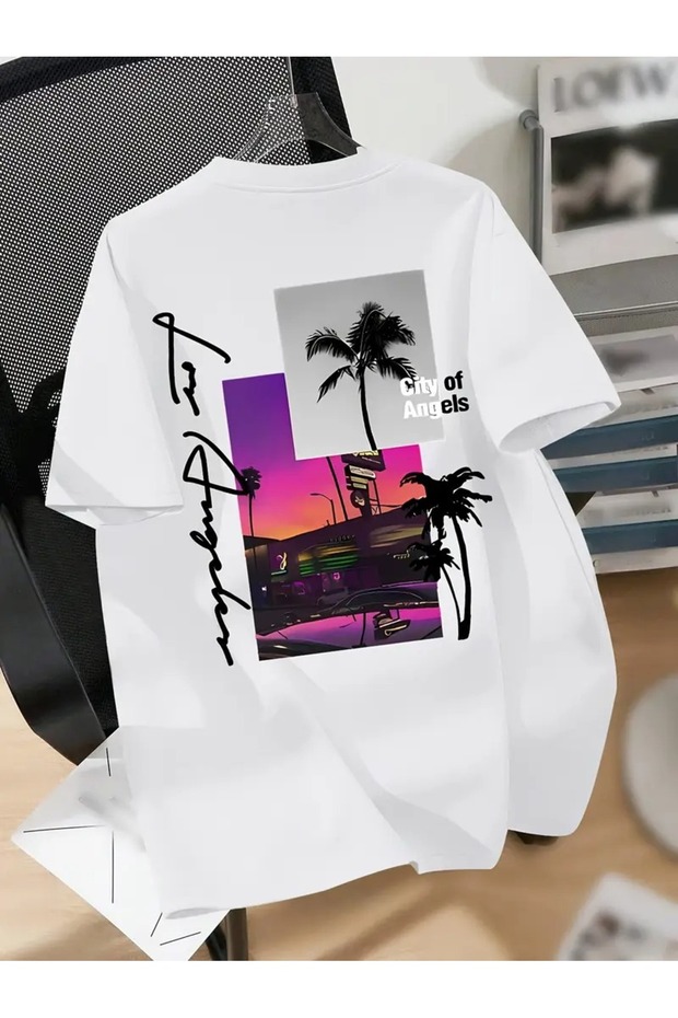 Los Angeles-Inspired Men's Royal Blue T-Shirt - Comfortable Crew Neck, Short Sleeve Geometric Print