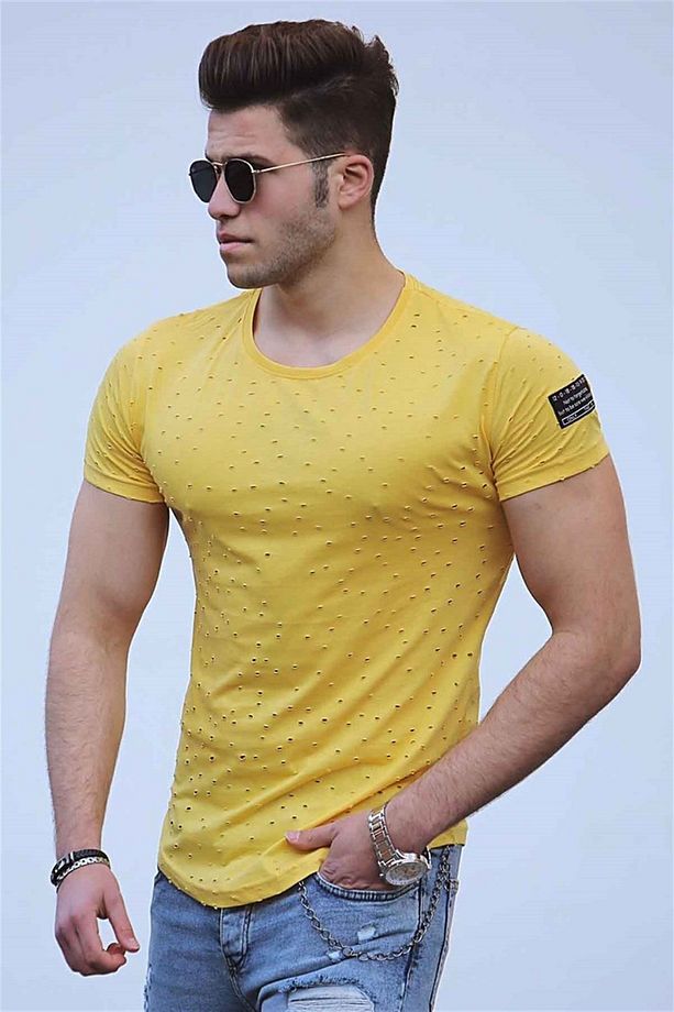 Yırtık Detaylı Sarı Tişört 2883 - 1