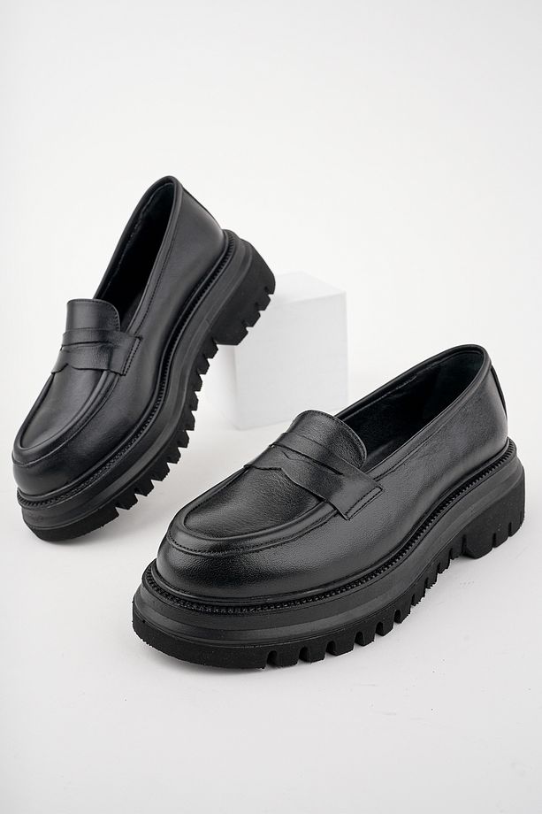Siyah Hakiki Deri Kalın Tabanlı Kadın Loafer Ayakkabı Platform loafer Yüksek Taban Mokasen Ayakkabı - 1