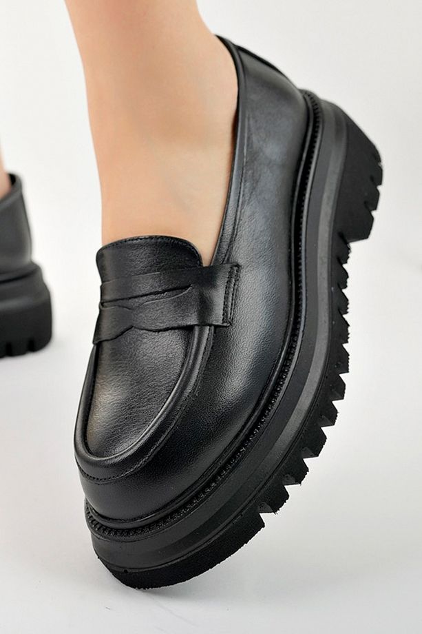 Siyah Hakiki Deri Kalın Tabanlı Kadın Loafer Ayakkabı Platform loafer Yüksek Taban Mokasen Ayakkabı - 6