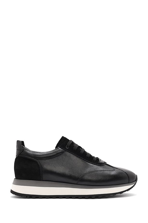 Erkek Siyah Bağcıklı Kalın Tabanlı Deri Sneaker 25SFD622014 - 1