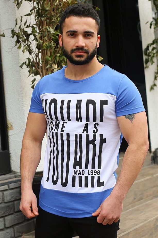 Bisiklet Yaka Baskılı Saks Tişört 3001 - 4