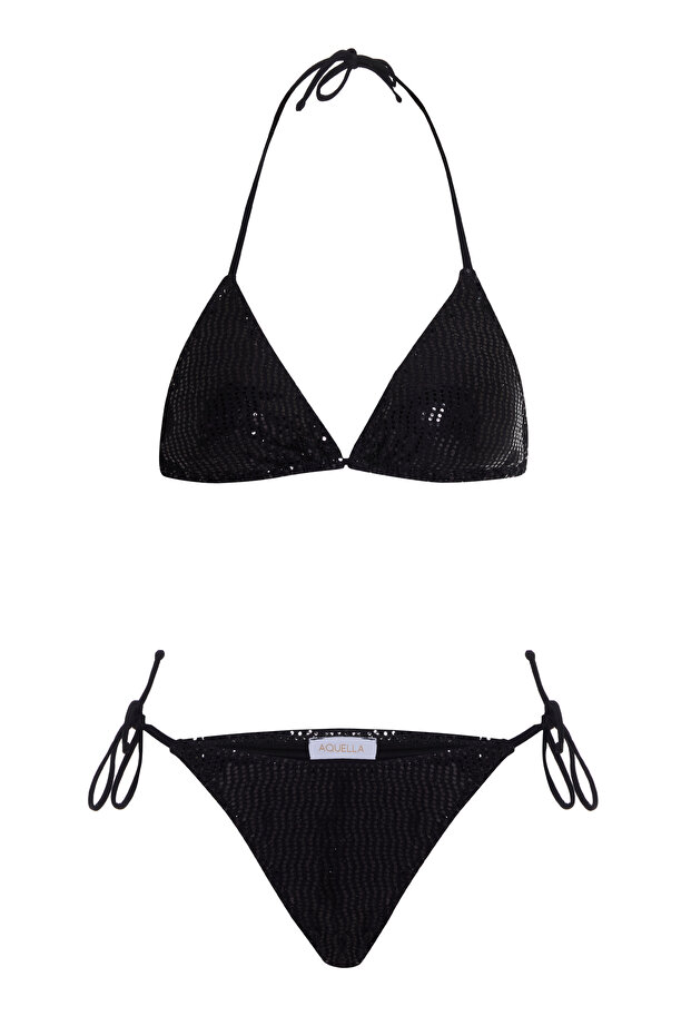 بدلة بيكيني مثلثة سوداء مزخرفة - 1