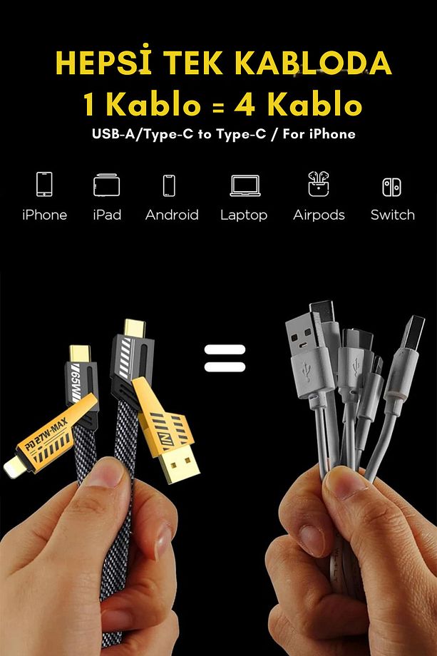Hızlı Şarj Data Kablosu Android 65w Type-c/27w Iphone Kopmaz Şarj Kablosu Typec Usb Iphone Çevirici - 3