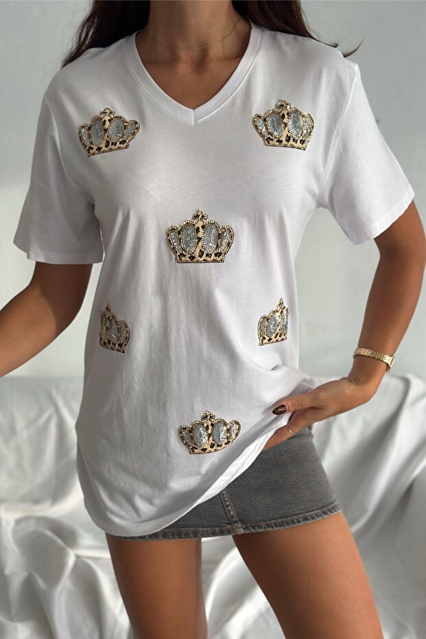 Women's White V-Neck Large Size King Crown Sequin Sequin Embroidered 100% Cotton T-Shirt
