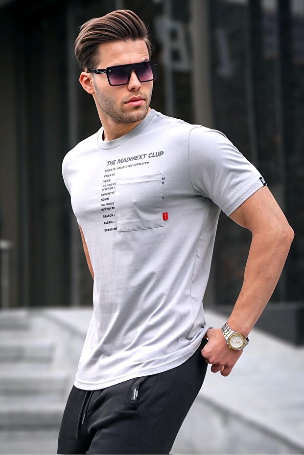 Painted Gray Pocket Printed Men's T-Shirt 5861