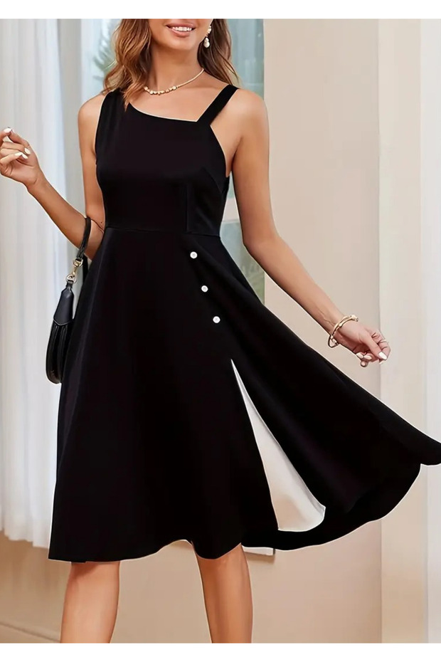 New Season Women's One Shoulder Stripe Detailed Zero Sleeve Side Button Detailed Janjan Crepe Dress