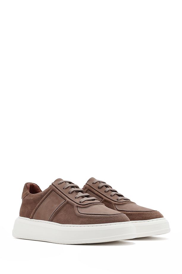 Erkek Bej Bağcıklı Kalın Tabanlı Süet Deri Sneaker 25SFD724310 - 3