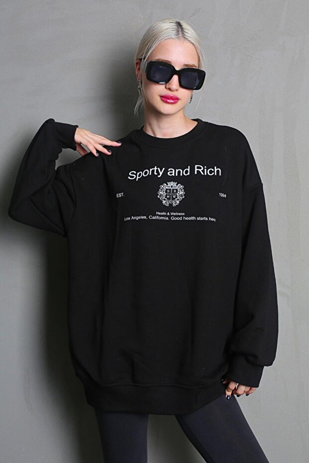Black Crew Neck Printed Oversize Women's Sweatshirt Mg1577