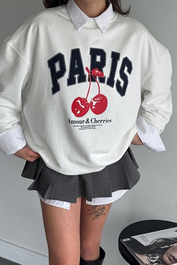 Beyaz Bisiklet Yaka Basic Sweatshirt MG2233 - 1