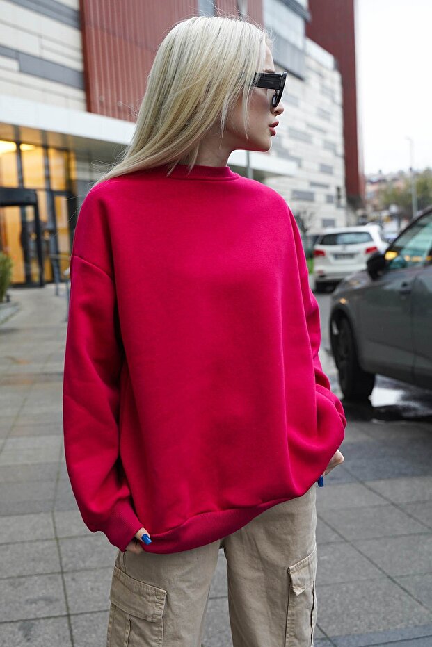 Fuşya Bisiklet Yaka Basic Sweatshirt MG1559 - 3
