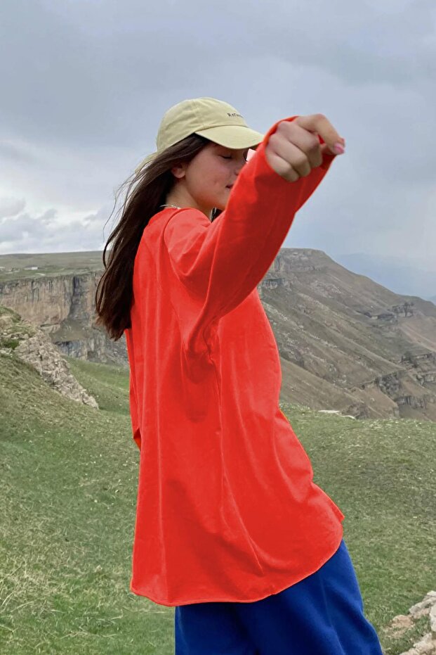 Turuncu Basic Bisiklet Yaka Kadın Sweatshirt MG1676 - 2