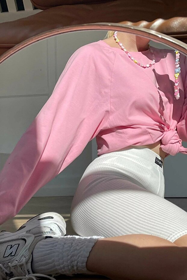 Pembe Basic Bisiklet Yaka Kadın Sweatshirt Mg1676 - 4