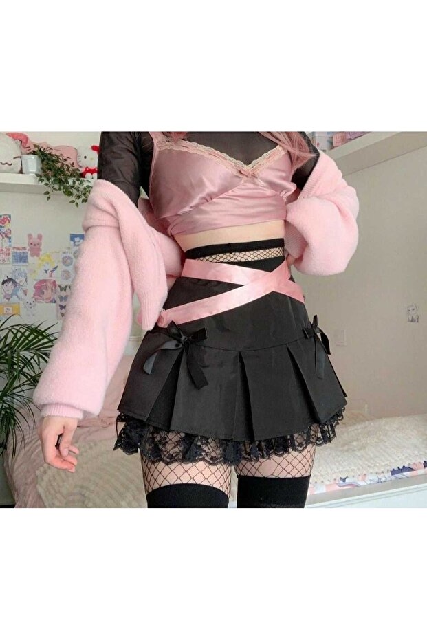 Gotik Dantelli Süper Mini Pileli Etek - 1