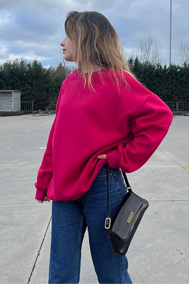 Fuşya Bisiklet Yaka Basic Sweatshirt MG1559 - 6