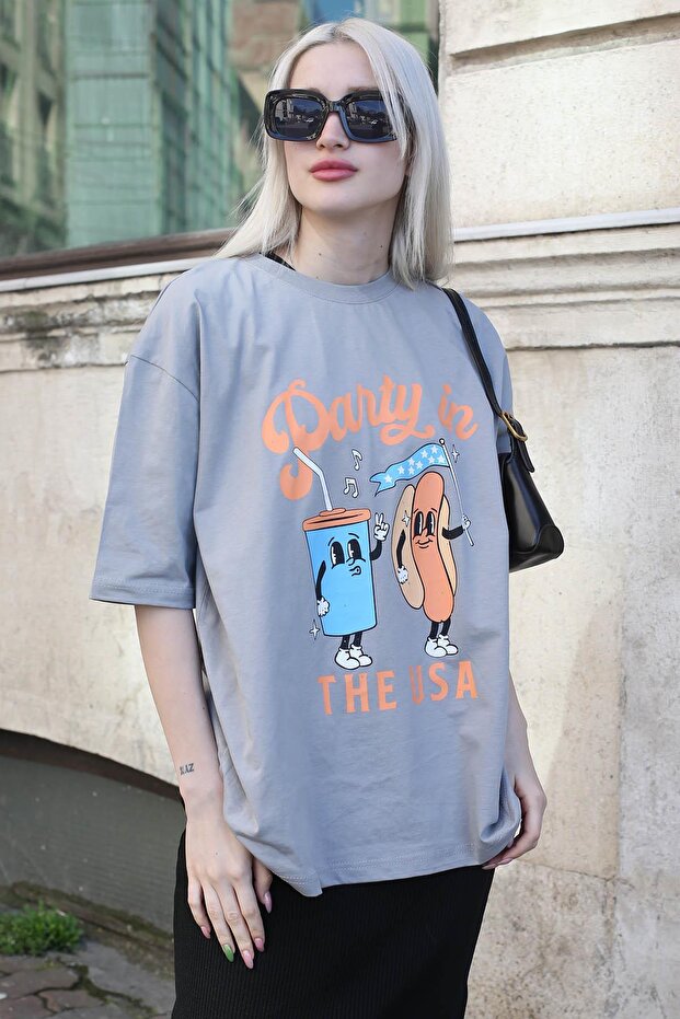 Painted Gray Printed Crew Neck Women's T-Shirt Mg1777