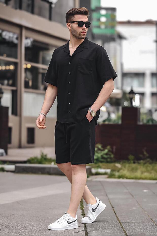 Erkek Siyah Basic Oversize Gömlek Takımı 5588 - 1