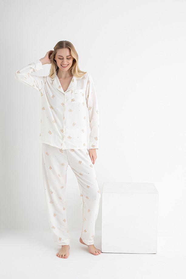 Dofi Kadın Ekru Ayı Desenli Pijama Takımı Uzun Kollu, Düğmeli, Aerobin Kumaş - 3