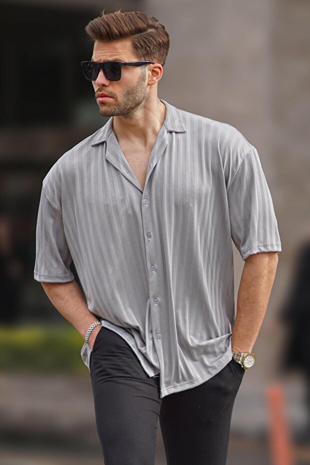 Painted Gray Striped Short Sleeve Men's Shirt 6738