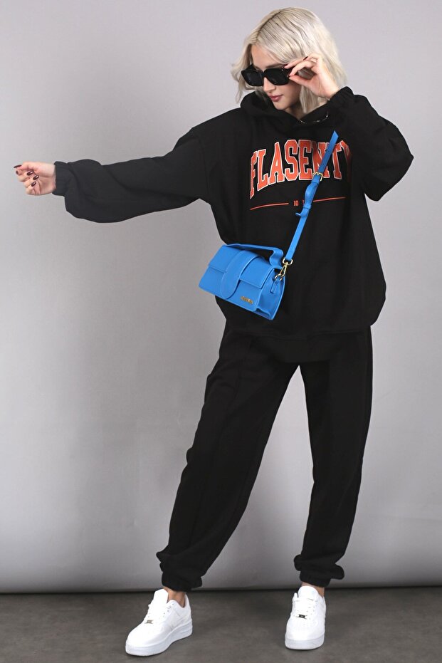 Siyah Oversize Baskılı Eşofman Takım Mg1561 - 2