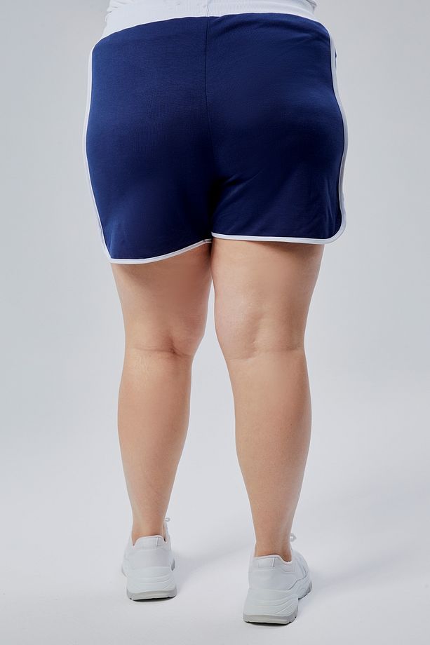 Curve Büyük Beden Kadın Biye Detaylı Örme %100 Pamuk Yüksek Bel Lacivert Şort& Bermuda - 7