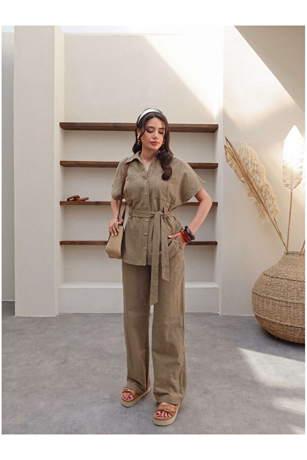 Belted Linen Suit with Front Pocket