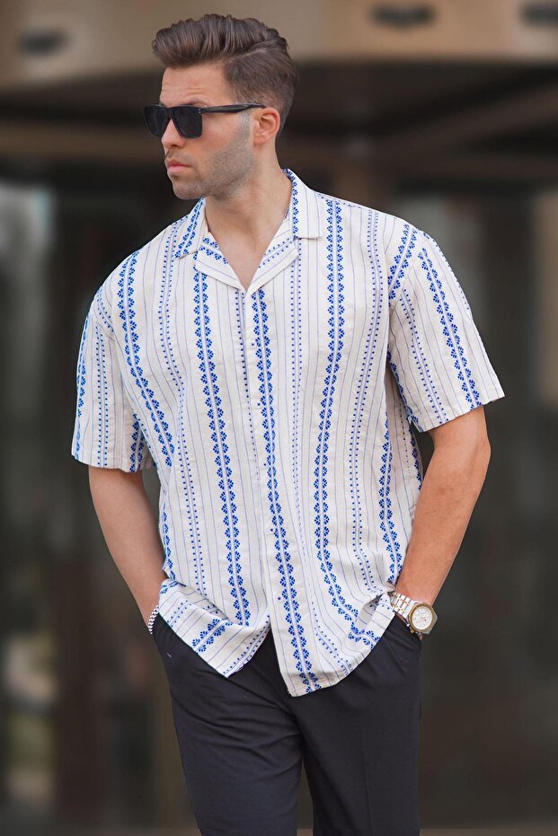 Blue Patterned Short Sleeve Men's Shirt 6741