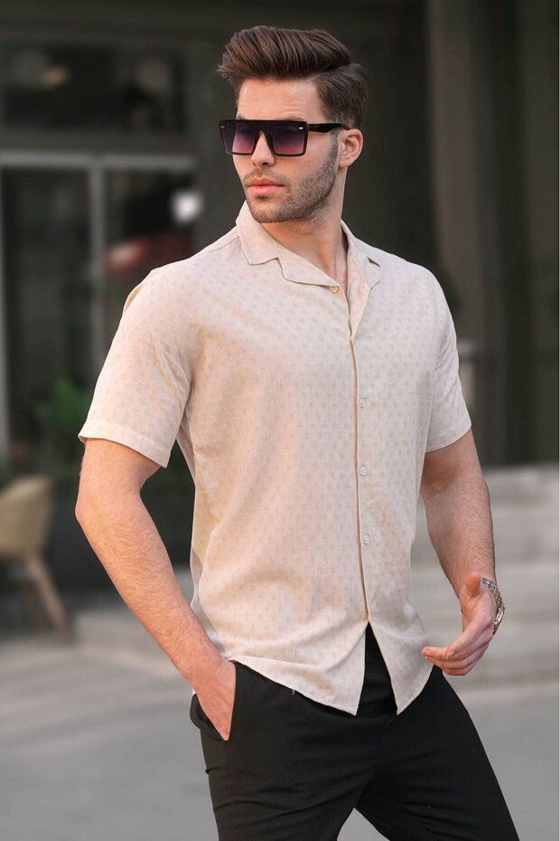 Beige Slim Fit 100% Cotton Short Sleeve Men's Shirt 5585