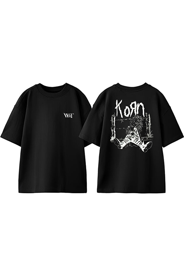 Korn Barbed Wires Design Back Printed Cotton Black Oversize T-Shirt