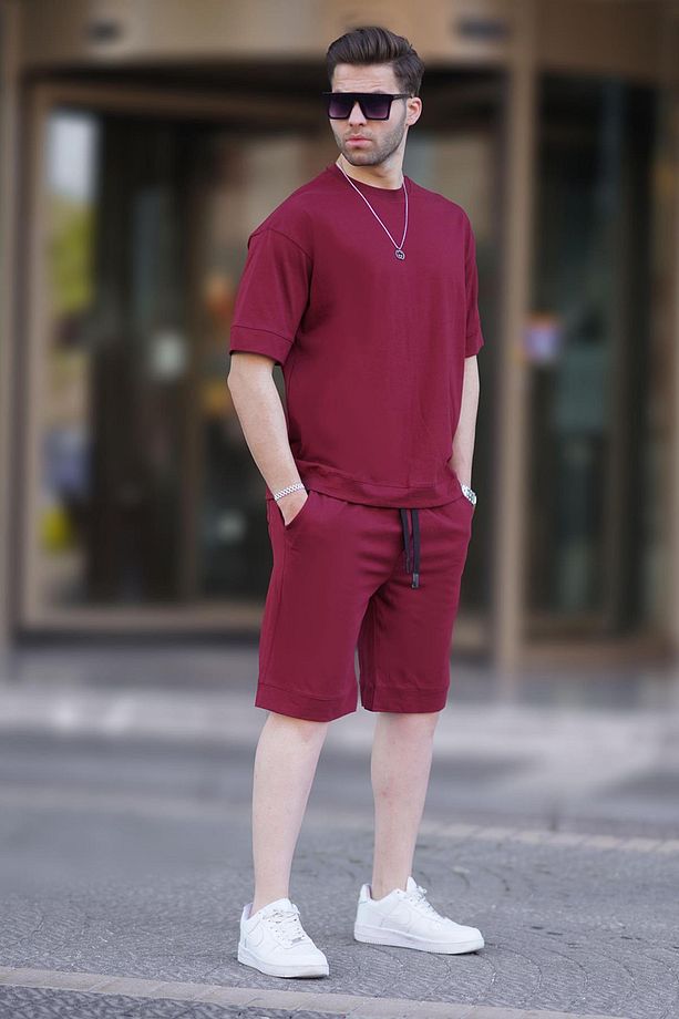 Bordo Bisiklet Yaka Basic Erkek Şort Takımı 5953 - 1