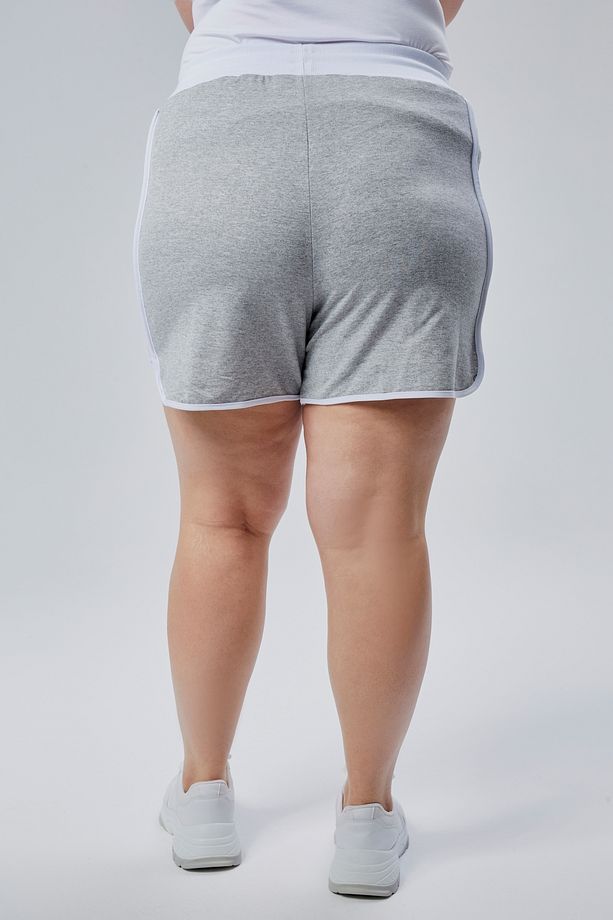 Curve Büyük Beden Kadın Biye Detaylı Örme %100 Pamuk Yüksek Bel Gri Şort& Bermuda - 8